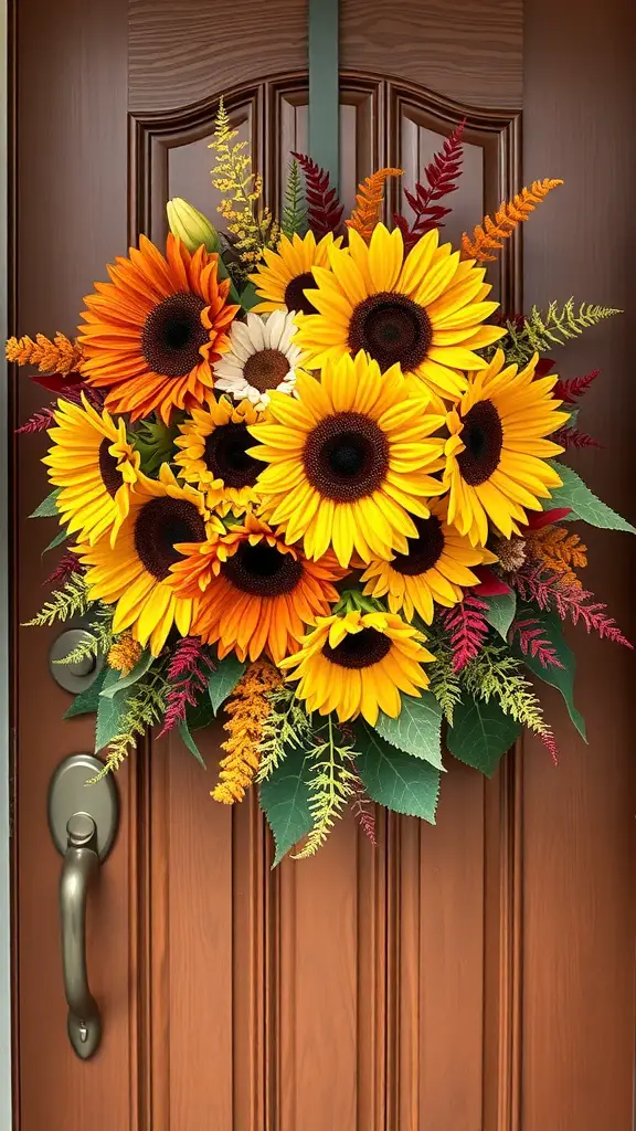 19+ Creative DIY Fall Door Hanger Ideas to Welcome the Season 5 A vibrant floral arrangement of sunflowers and fall foliage on a wooden door.
