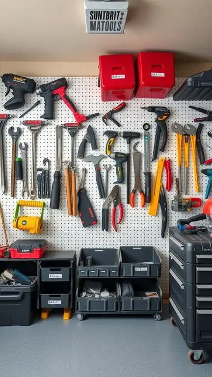 21+ Innovative Garage Layout Ideas You'll Love 7 Organized garage wall with tools on pegboard and storage bins below.