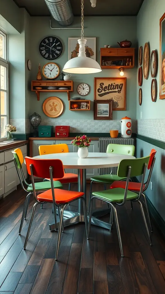 A vintage retro dining room featuring colorful chairs, a white table, and nostalgic decor on the walls.
