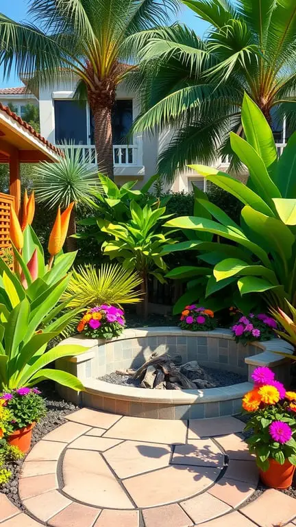 21+ Stunning Firepit Backyard Landscaping Ideas You’ll Love 5 A cozy firepit surrounded by tropical plants and colorful flowers in a backyard setting.