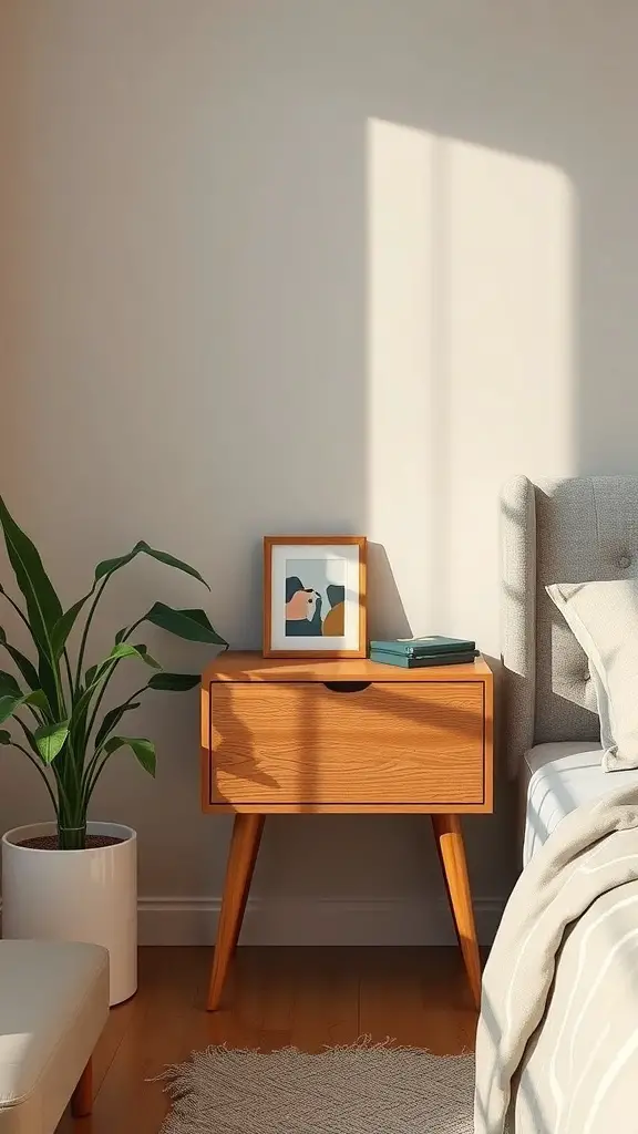21 Essential Nightstand Organization Ideas for a Clutter-Free Bedroom 16 A cozy nightstand featuring a framed artwork, a plant, and a few books.