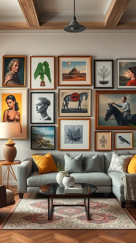 A cozy living room with an eclectic art display on the wall, featuring various framed artworks and a comfortable gray sofa.
