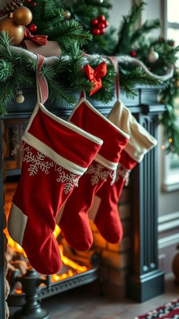 27+ Charming Vintage Christmas Decor Ideas to Try 6 Three vintage Christmas stockings hanging by a fireplace, decorated with snowflakes and surrounded by festive greenery.