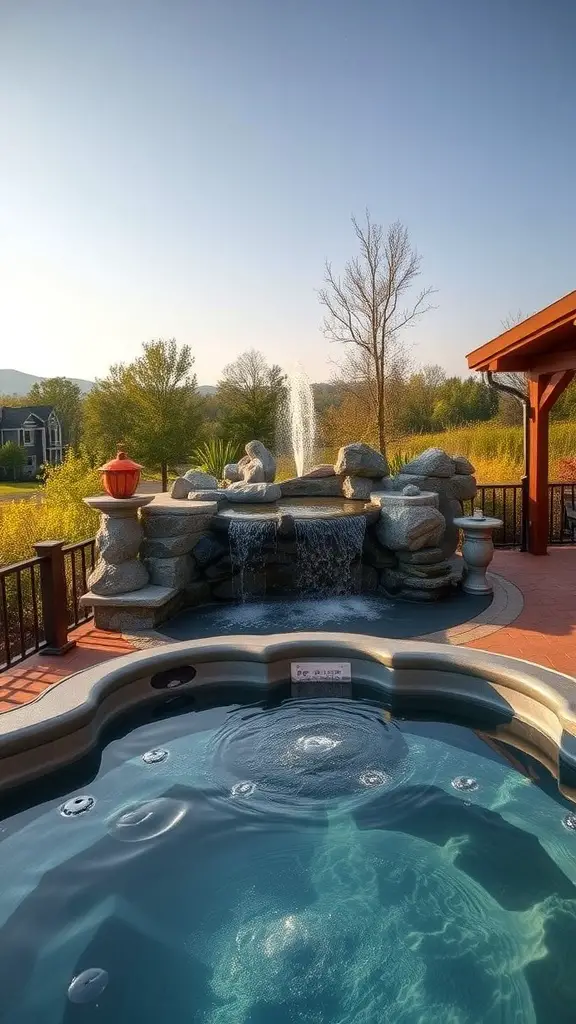 23+ Stunning Hot Tub Deck Designs to Elevate Your Outdoor Oasis 9 A hot tub surrounded by a stone waterfall feature, with trees and a clear sky in the background.