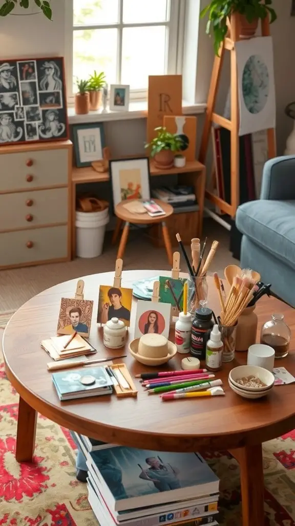 15 Creative Coffee Table Arrangement Ideas to Elevate Your Living Space 15 A cozy living room with a coffee table and an artful gallery wall featuring various paintings.