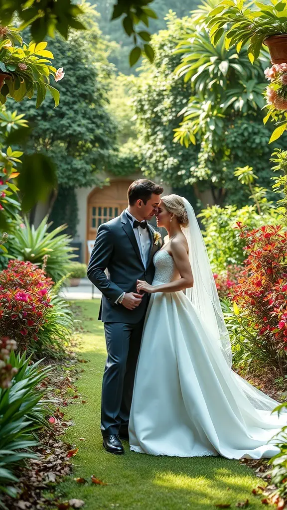 21+ Delightful Wedding Garden Party Ideas to Inspire Your Celebration 16 A couple in wedding attire standing in a lush garden, surrounded by vibrant flowers and greenery.