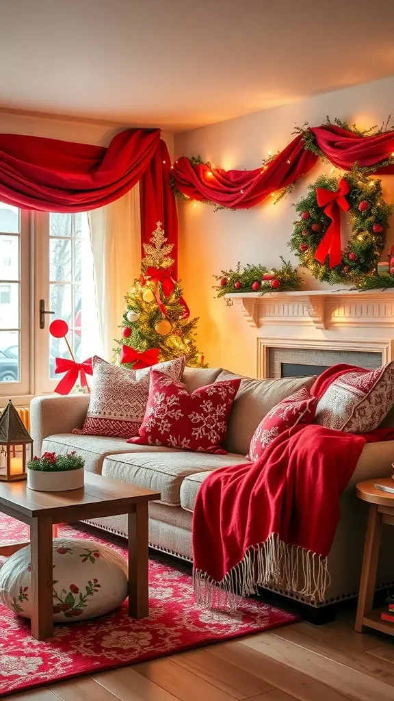 Cozy red and white living room decorated for Christmas with a sofa, pillows, wreaths, and a small tree.