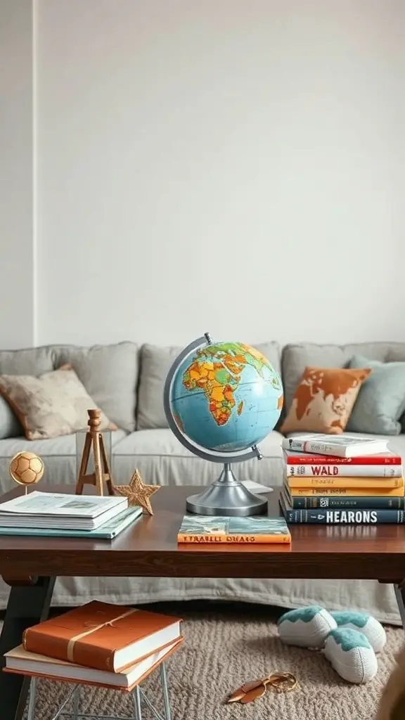15 Creative Coffee Table Arrangement Ideas to Elevate Your Living Space 5 A travel-inspired coffee table arrangement featuring a globe, books, and decorative items.