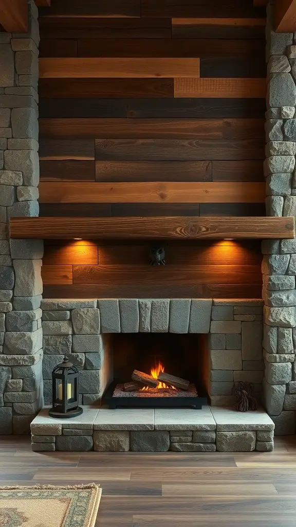 19+ Creative Fireplace Wall Ideas to Transform Your Space 8 A rustic fireplace wall featuring a mix of wood and stone materials, with warm lighting and a cozy fire.
