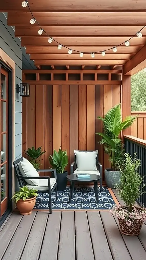 19+ Creative Privacy Wall Ideas for Your Deck 16 Cozy small deck with wooden privacy wall, plants, and string lights