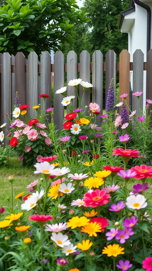 23+ Enchanting Cottage Core Backyard Ideas to Transform Your Outdoor Space 4 A colorful flower garden with various blooms in front of a wooden fence.