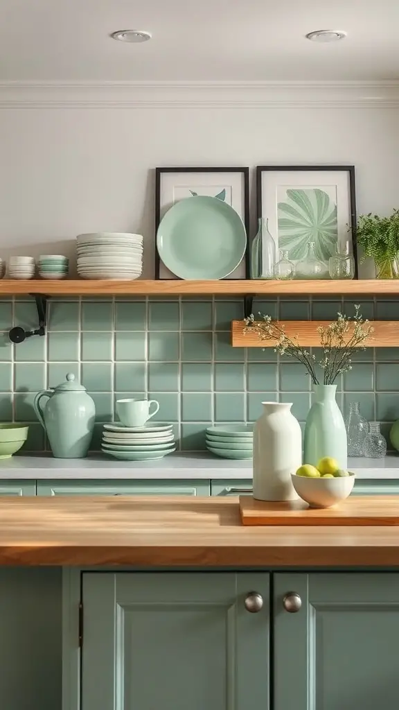 29+ Stunning Sage Green Kitchen Ideas to Transform Your Space 10 A kitchen featuring sage green decor accents, including plates, vases, and open shelving with natural wood elements.