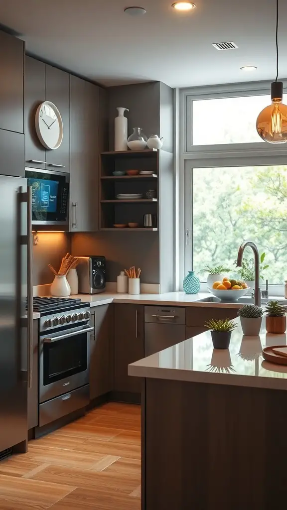 15+ Stunning Green Kitchen Designs You’ll Love 17 A modern kitchen featuring energy-efficient appliances, natural light, and potted plants.