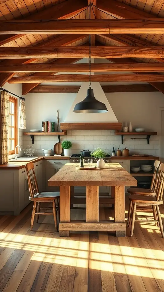 23+ Creative Bloxburg Kitchen Ideas to Transform Your Space 8 A cozy rustic farmhouse kitchen with wooden beams, a large table, and natural light.