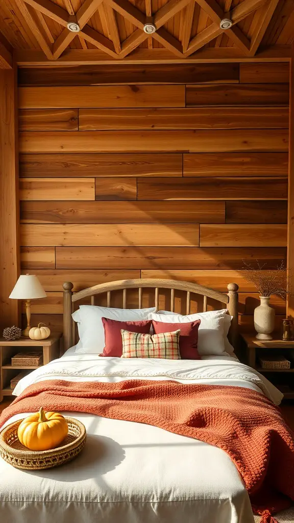 33+ Cozy Fall Bedroom Decor Ideas to Transform Your Space 8 Cozy bedroom with rustic wood accents, featuring a wooden wall, a bed with white linens and an orange throw, and seasonal decor.