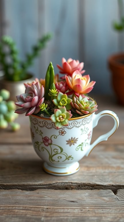 21 Creative Container Garden Ideas for Small Spaces 9 A teacup filled with colorful succulents, showcasing a charming arrangement.