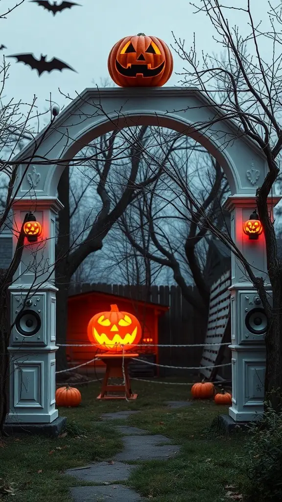 A spooky Halloween archway with pumpkins and bats, perfect for adding sound effects.