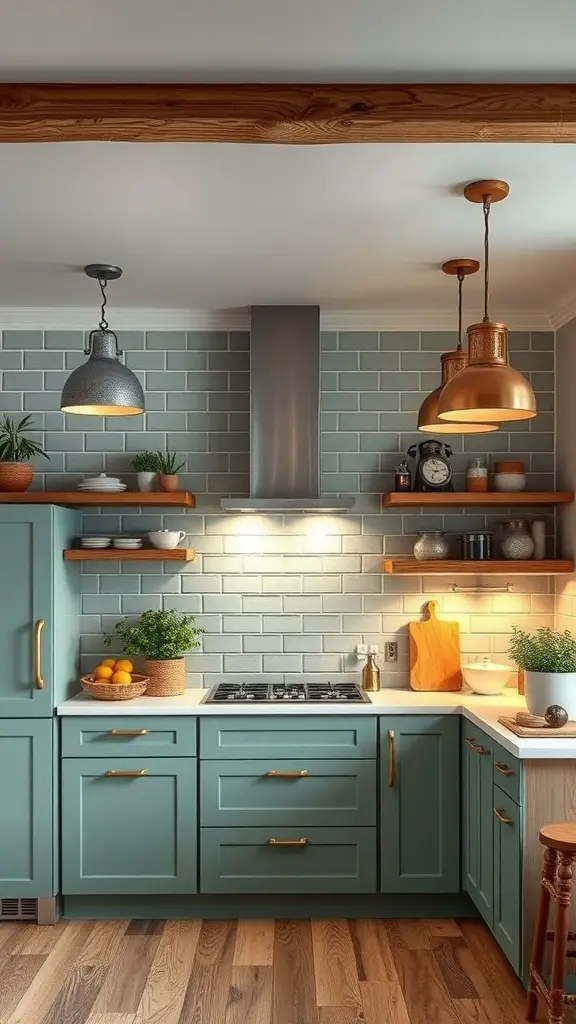 27+ Stunning Sage Green and Wood Kitchen Ideas You’ll Love 13 A kitchen featuring sage green cabinets and wood accents, with stylish lighting fixtures.