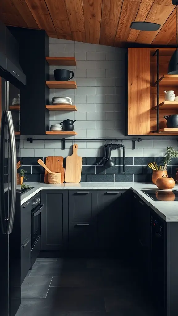 27+ Stunning Black and Natural Wood Kitchen Designs You’ll Love 13 A modern kitchen featuring black cabinetry and natural wood accents, showcasing a functional layout with open shelving and ample counter space.