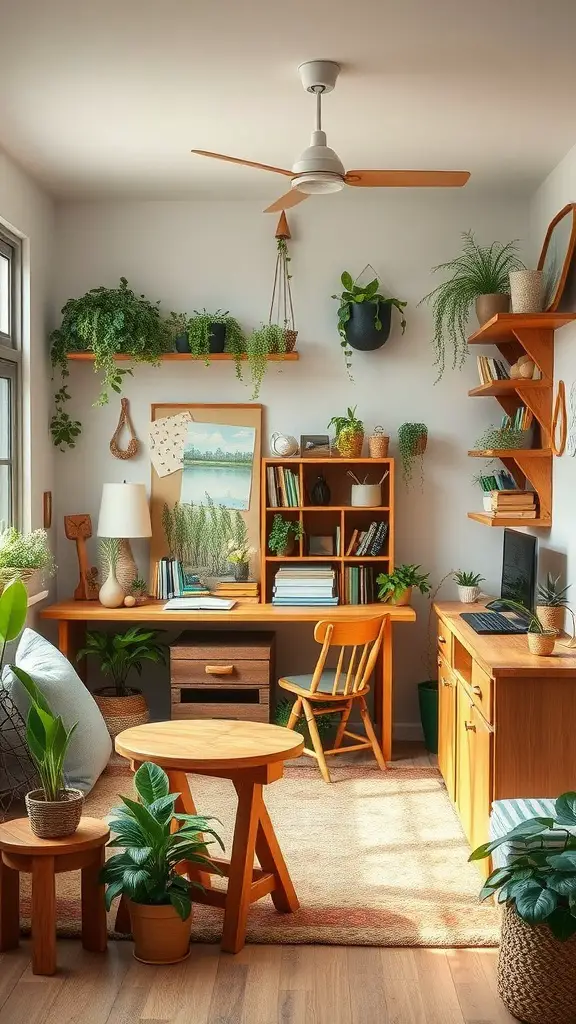 23+ Cozy Homeschool Room Ideas for a Perfect Learning Space 15 Cozy homeschool room with nature-inspired decor, featuring plants and wooden furniture.