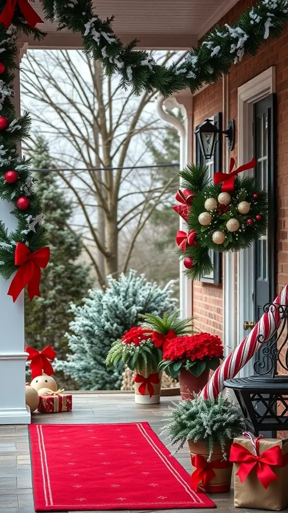 A beautifully decorated porch with red and white Christmas decor, featuring wreaths, garlands, and potted plants.