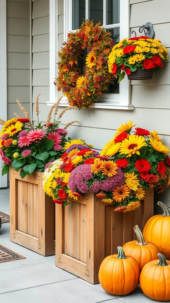 27+ Creative Fall Wood Crafts to Make This Season 12 Wooden planters filled with colorful flowers and pumpkins on a porch