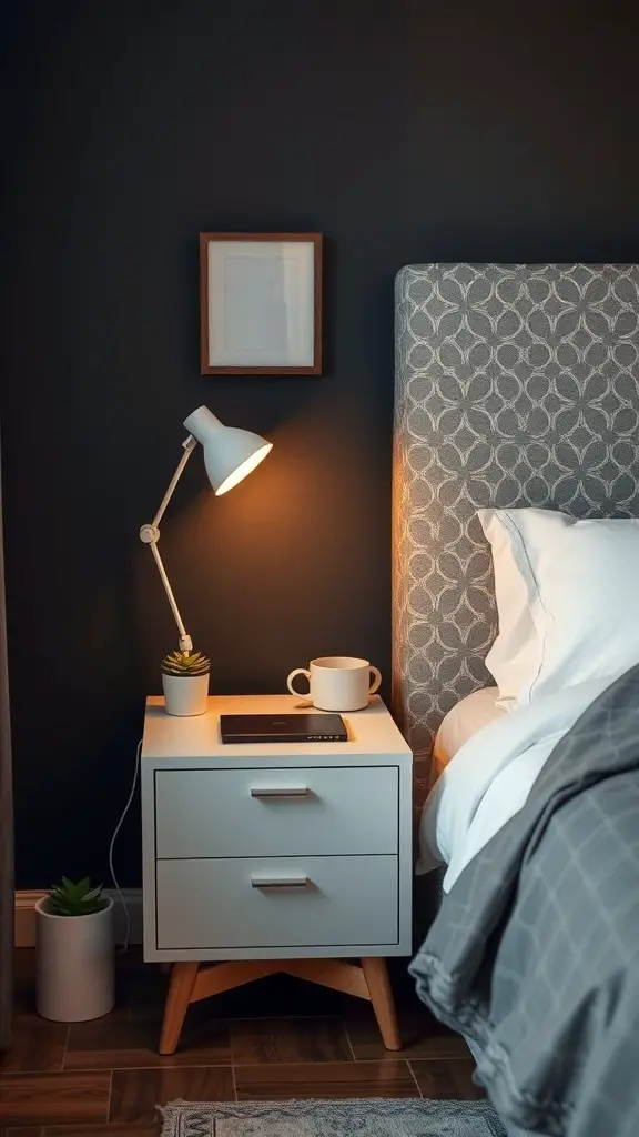 21 Essential Nightstand Organization Ideas for a Clutter-Free Bedroom 15 A modern nightstand with a lamp, a small plant, a coffee cup, and a phone charger.