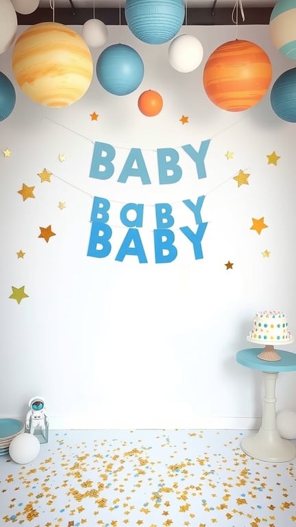 19+ Creative Baby Shower Themes to Celebrate February Babies 11 A colorful outer space themed baby shower setup with planets, stars, and a cake.