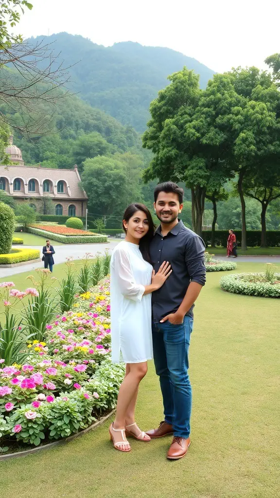 21+ Delightful Wedding Garden Party Ideas to Inspire Your Celebration 10 A couple posing in a colorful garden filled with flowers.