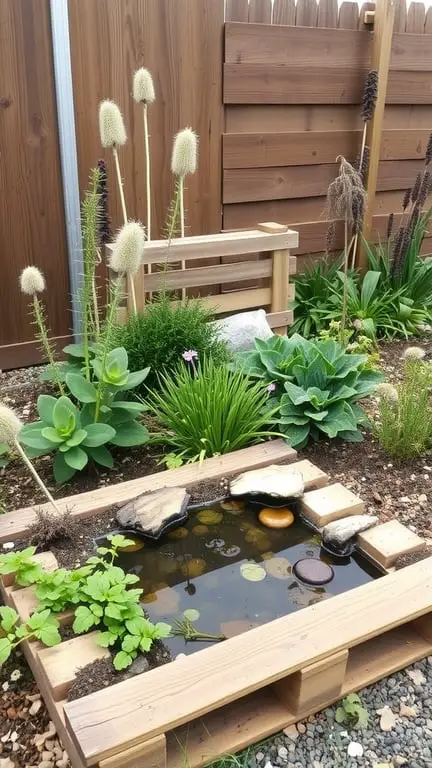 21+ Creative Pallet Garden Ideas You Need to Try 12 A small wooden pallet pond surrounded by various plants in a garden.