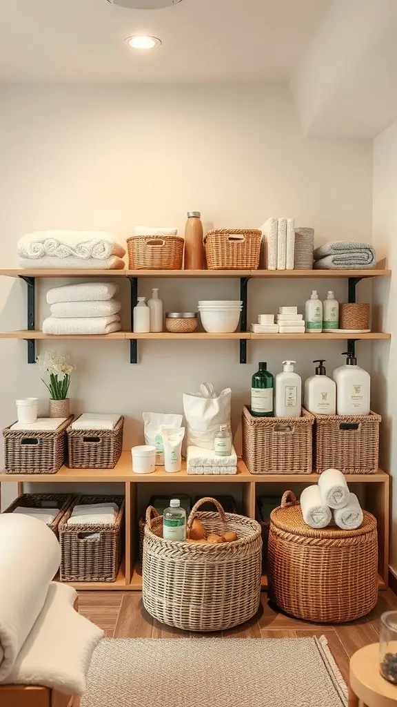 A well-organized massage room with shelves and baskets for storage.