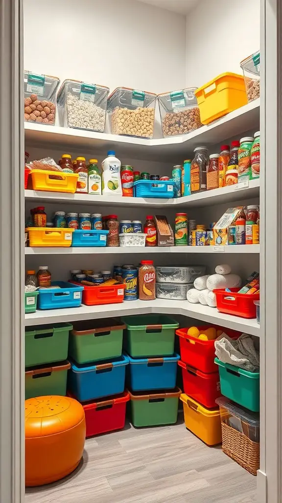 19+ Creative Small Corner Pantry Ideas to Maximize Your Space 16 A colorful corner pantry with organized bins and containers for easy access.