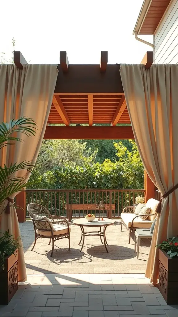 19+ Stunning Decks with Patios Underneath for Your Outdoor Oasis 16 Patio area with curtains and comfortable seating, surrounded by greenery.