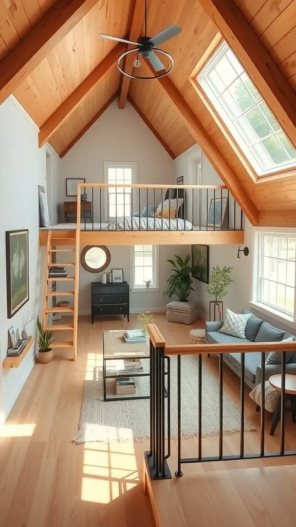 25+ Inspiring Modern Barndominium Ideas You’ll Love 14 Cozy loft area in a modern barndominium with wooden beams and a staircase.