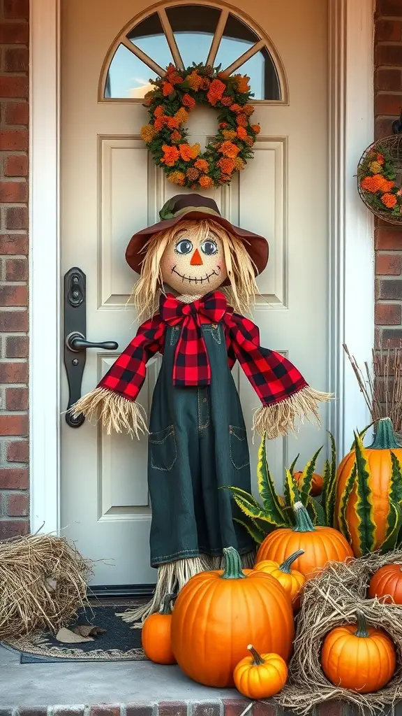 23+ Charming Fall Door Decorations to Welcome the Season 9 A cheerful scarecrow with a plaid shirt and denim overalls stands at a door, surrounded by pumpkins and a wreath.