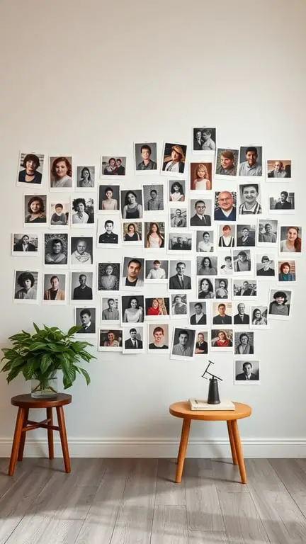15 Creative Ways to Store and Display Old Photos 14 A creative photo wall featuring black and white photographs arranged in a collage style, with a plant and small tables in the foreground.