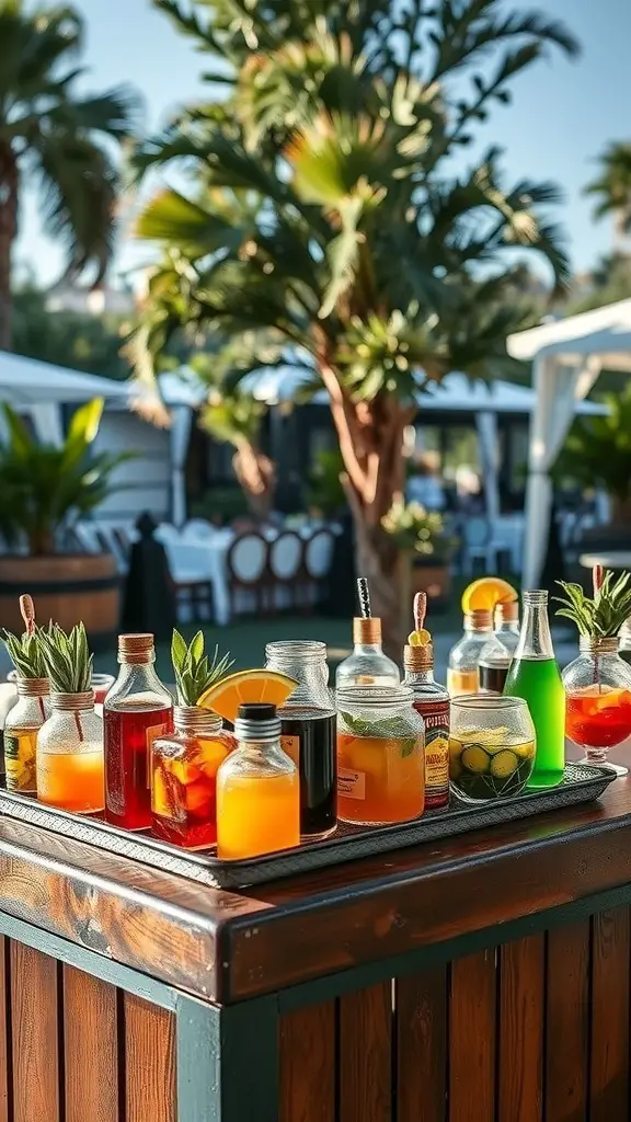 A vibrant cocktail station with various colorful drinks and garnishes set up for a backyard birthday party.