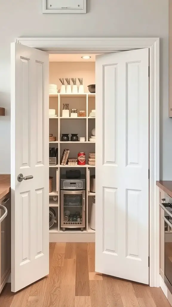 25+ Creative Pantry Door Ideas to Maximize Space and Style 16 A bright pantry with bi-fold doors open, showcasing neatly organized shelves.