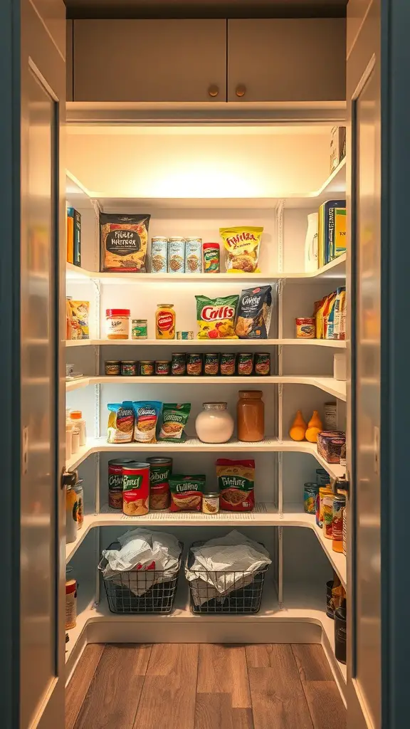 25+ Creative Corner Kitchen Pantry Ideas You’ll Love 11 A well-organized corner kitchen pantry with shelves illuminated by soft lighting.