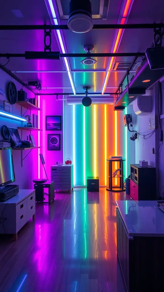 A vibrant otaku room illuminated with colorful LED strips