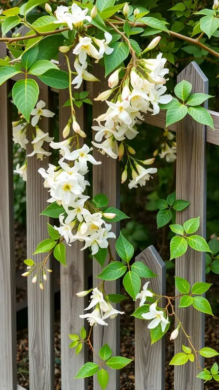 19+ Stunning Backyard Plants to Grow Along Your Fence 10 Honeysuckle vines with white flowers growing over a wooden fence