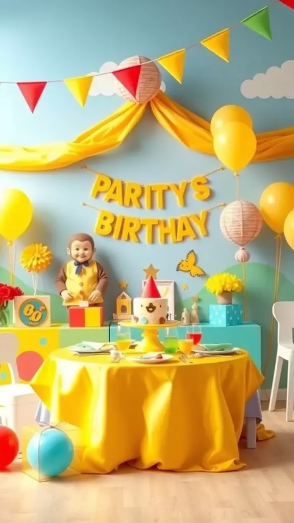 23+ Creative Curious George Birthday Party Ideas for a Fun Celebration 8 Curious George themed birthday decorations with bright colors, balloons, and a festive table setup.