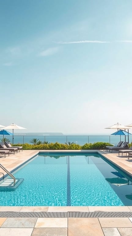 37+ Stunning Backyard Pool Design Ideas to Transform Your Outdoor Space 14 A classic rectangular pool surrounded by lounge chairs and umbrellas, with a view of the ocean.