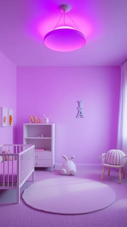 29+ Adorable Purple Nursery Ideas for Your Little One 8 A nursery with soft purple lighting, featuring a round ceiling fixture and purple walls.
