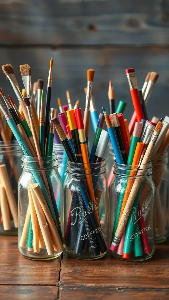 25 Creative Craft Organization Ideas You’ll Love 3 Colorful paintbrushes and pens organized in repurposed jars on a wooden table.