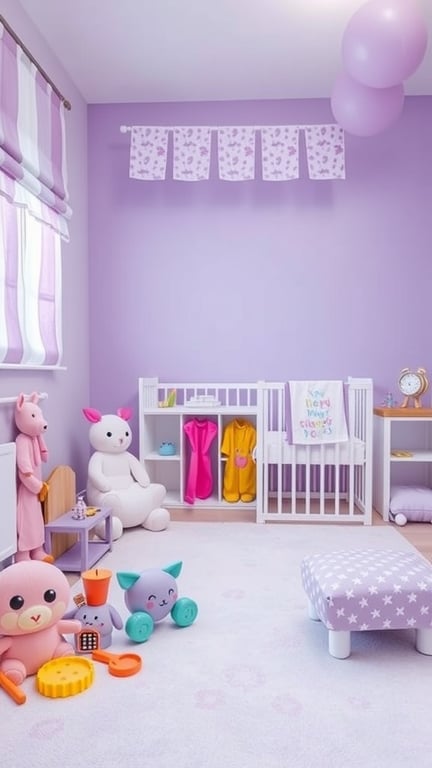 29+ Adorable Purple Nursery Ideas for Your Little One 11 A purple-themed nursery with plush toys, a crib, and colorful decorations.