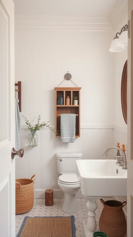 31+ Inspiring Farmhouse Bathroom Ideas You’ll Love 8 A neutral farmhouse bathroom featuring white walls, wooden accents, and natural decor elements.