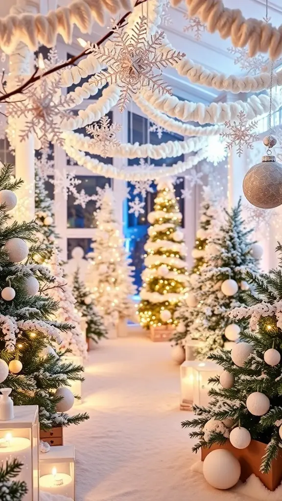 21+ Fun Winter Birthday Party Ideas for All Ages 4 A winter wonderland themed party setup with decorated Christmas trees, snowflakes, and glowing lights.