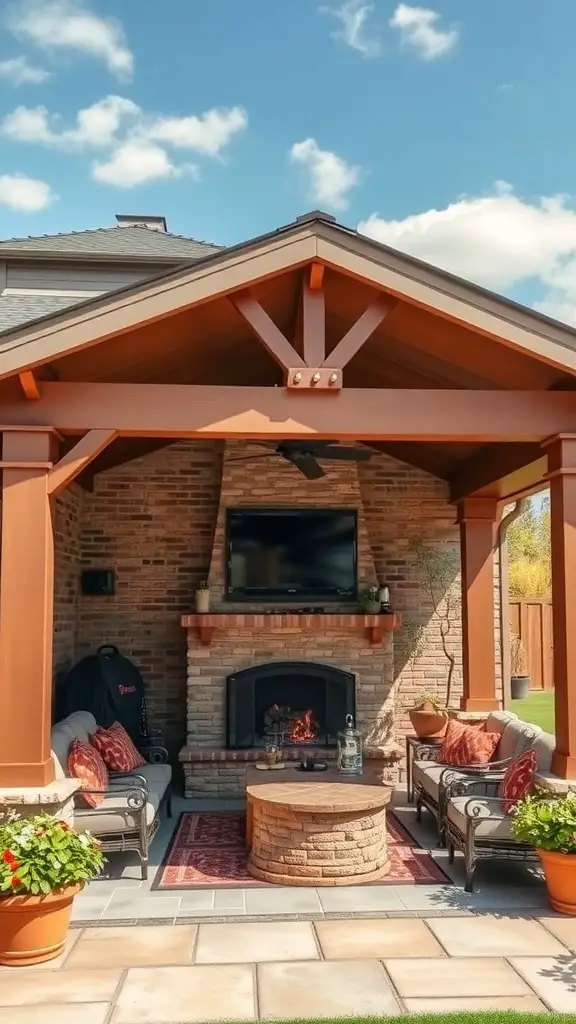 23+ Creative Patio Roof Extension Ideas You’ll Love 11 A cozy outdoor patio with a roof structure, featuring a stone fireplace, comfortable seating, and potted plants.