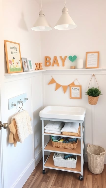 21+ Creative Baby Changing Station Ideas for Every Nursery 16 A stylish baby changing station with wall art, decorative letters, and organized supplies.